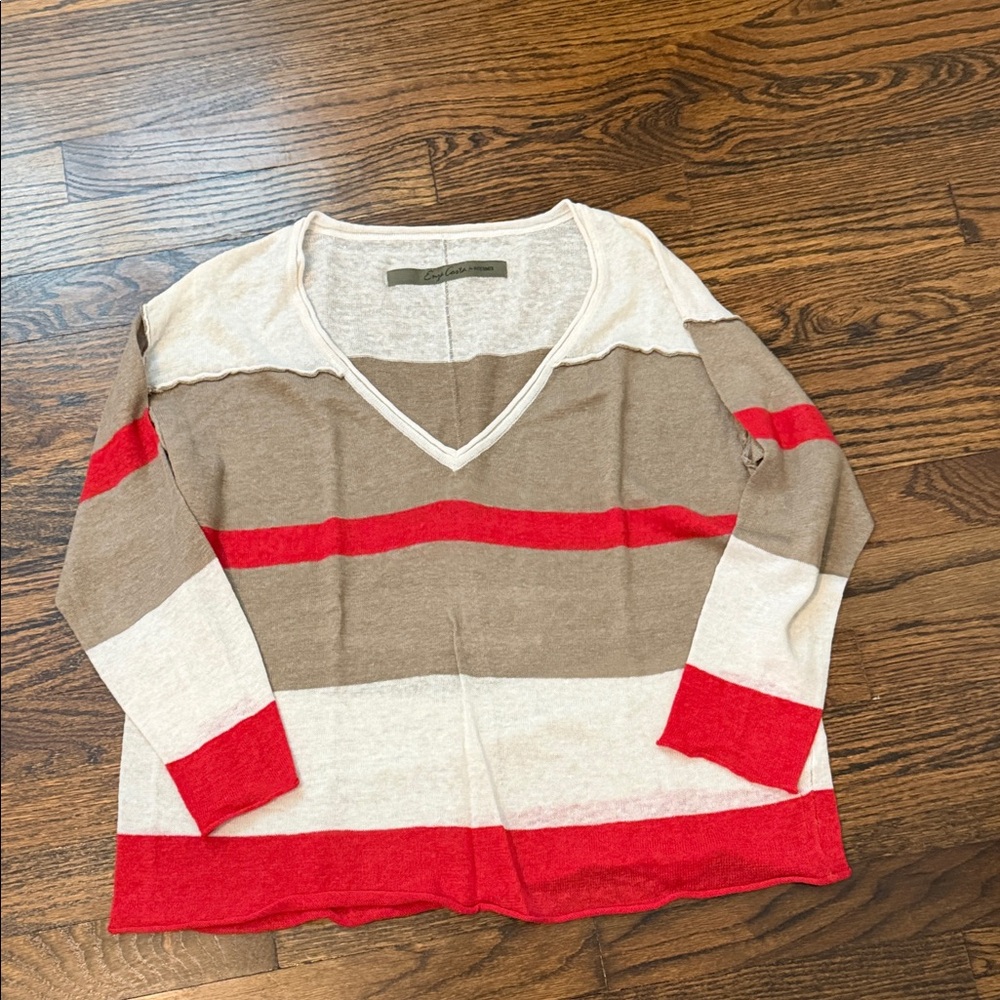 Enza Costa Striped V-Neck Sweater in Red, Tan & Cream